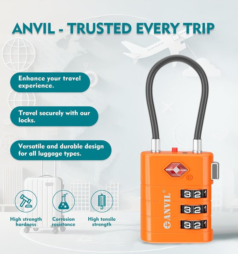 Anvil TSA Approved Luggage Locks – High Security TSA008 Combination Travel Locks with Inspection Indicator for Suitcases and Backpacks. (2, Orange) - Image 4